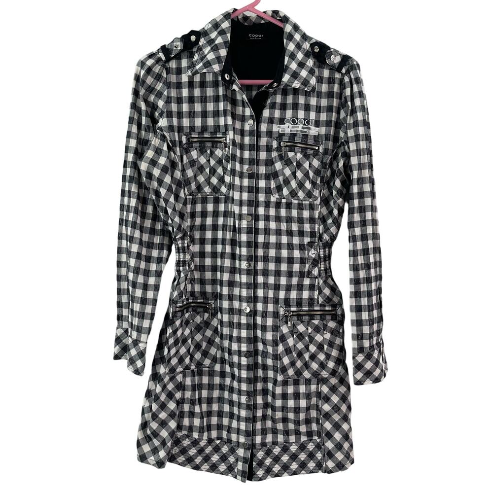 COOGI Shirt Dress Size Large Buffalo Check Plaid W&B Silver Logo Zippers Checked
